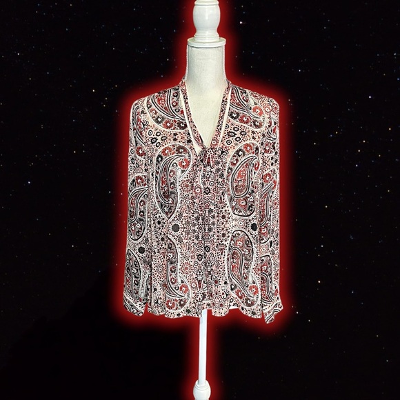 Alice + Olivia ‘Anabel’ Multicolor Burgundy Bohemian Paisley Pussybow Top Size S - Picture 8 of 16
